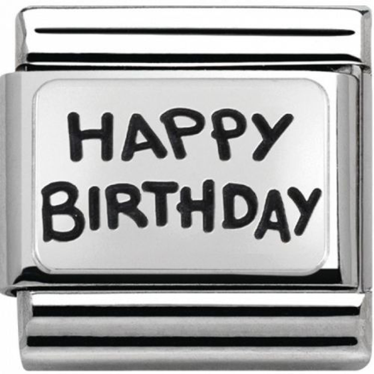 Nomination - Link 925 Silver 'Happy Birthday' 330102 41. Zawieszka z napisem happy birthday wykonana została na bazie z najwyższej jakości stali szlachetnej. Idealnie nada się na prezent urodzinowy. Wyjątkowy dodatek do Twojej bransoletki Nomin.jpg